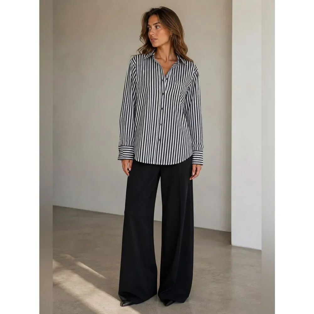 NWT Worthington Womens Top Sz XXL White Black Striped Long Sleeve Button Up